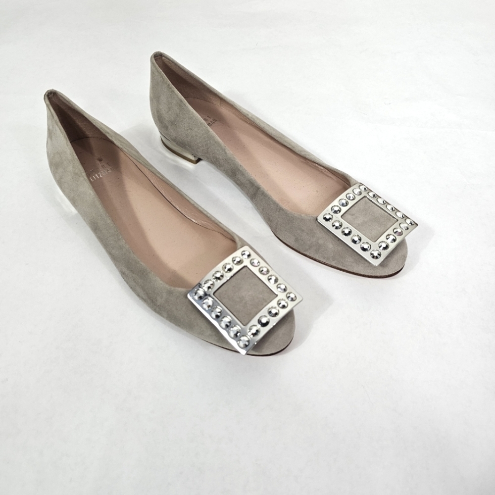 Stuart Weitzman Taupe Gray Suede Leather Flats Silver Rhinestone Buckle 7.5